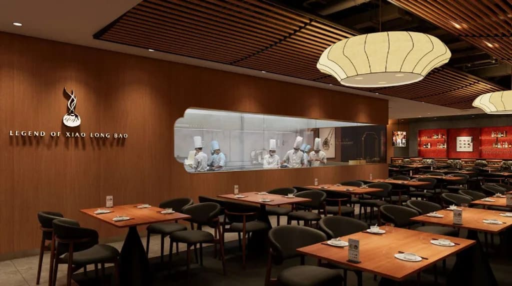 A rendering of the Paradise Dynasty dining room planned for Austin, with an open kitchen and dumpling lanterns